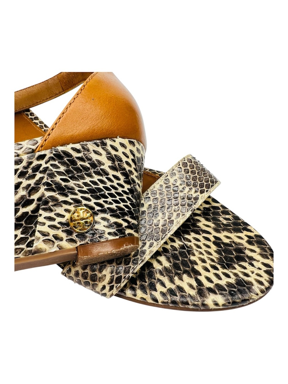 Tory Burch Savannah Snakeskin/Tan Wedge Ankle Strap Sandals Size 11 - Picture 2 of 15